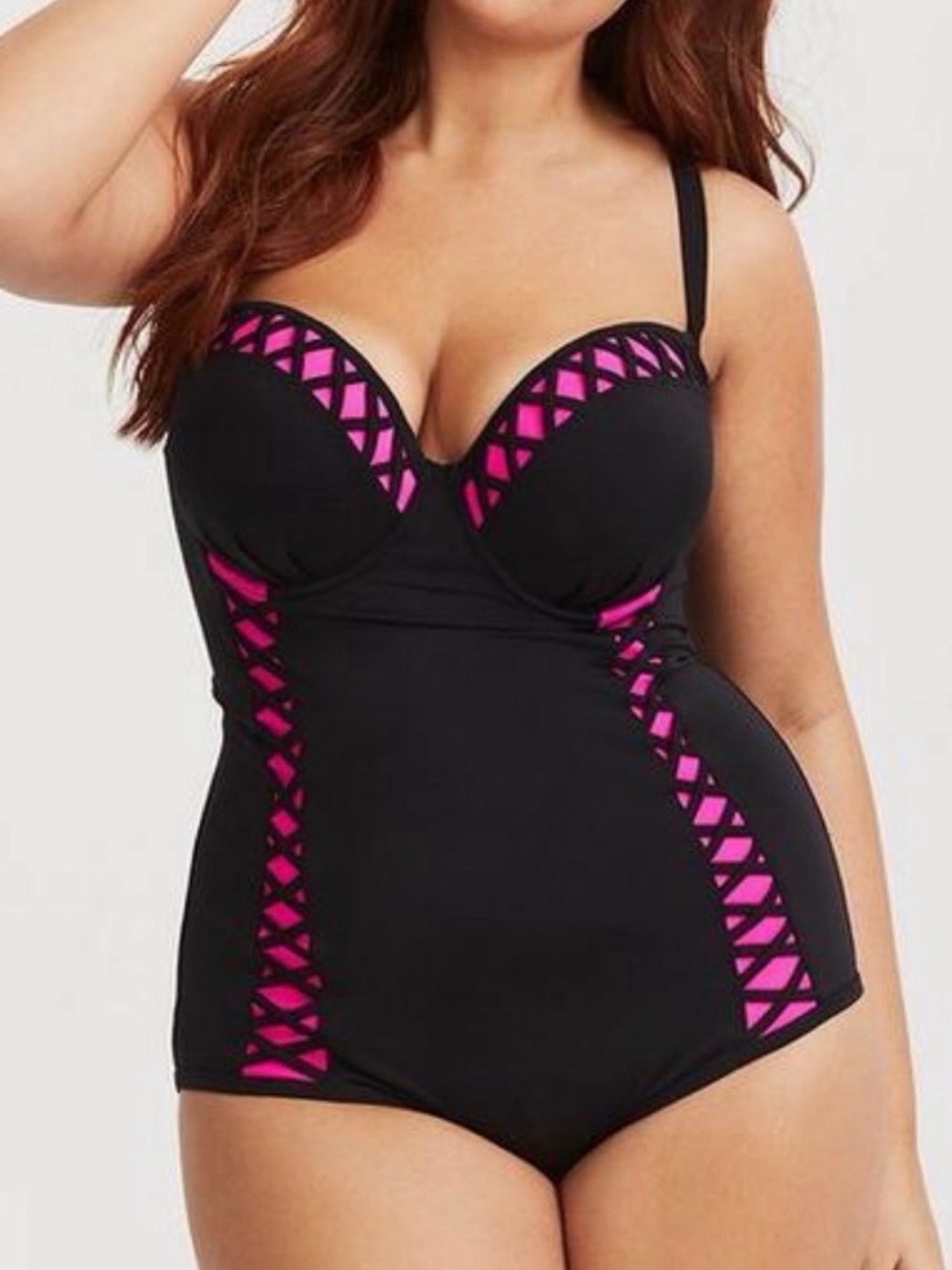 Torrid Black & Pink Lattice Peekaboo Push-Up Demi One Piece Swimsuit Size 1